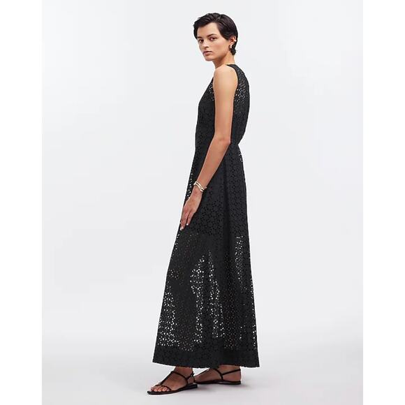 Madewell Eyelet V Neck Maxi Dress Flowy Cottagecore Cotton Black Pocket US 4 NWT - Picture 4 of 15